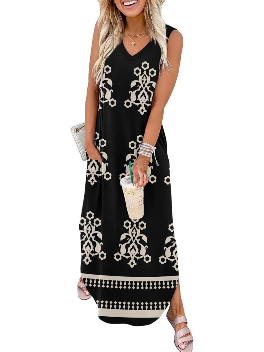 Women's Floral Black Boho Summer Maxi Dress Beach Sundress Vacation with Pocket